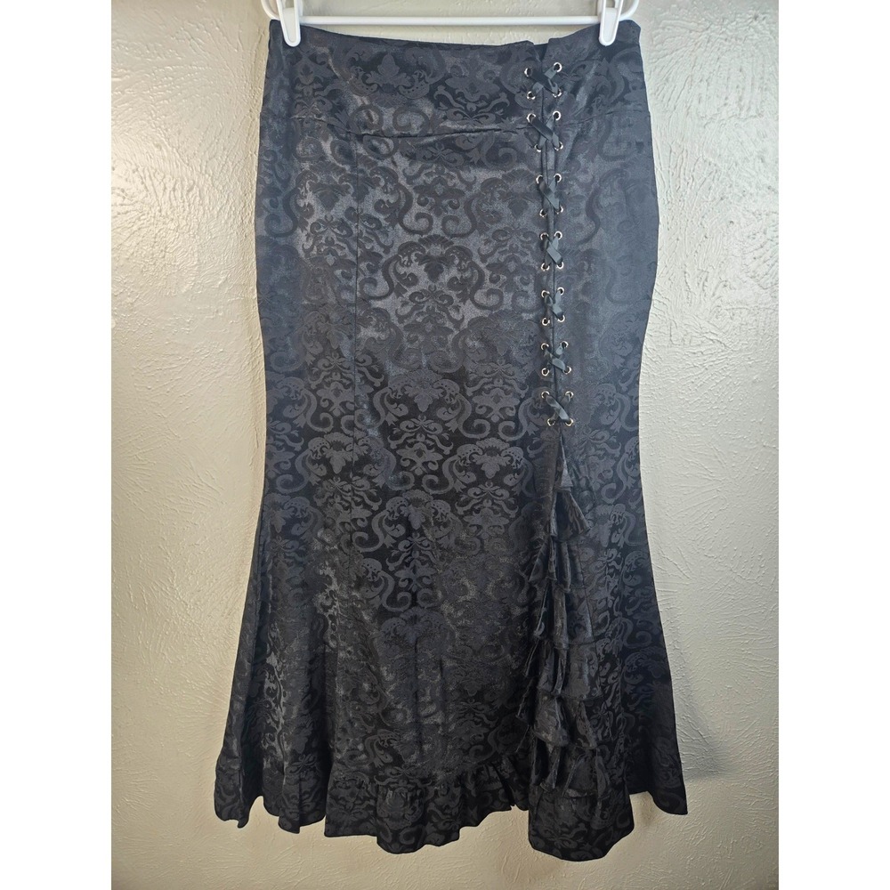 Cider Gothic Lace Up Maxi Skirt Sz L Black Satin Floral Damask Ruffle Whimsigoth